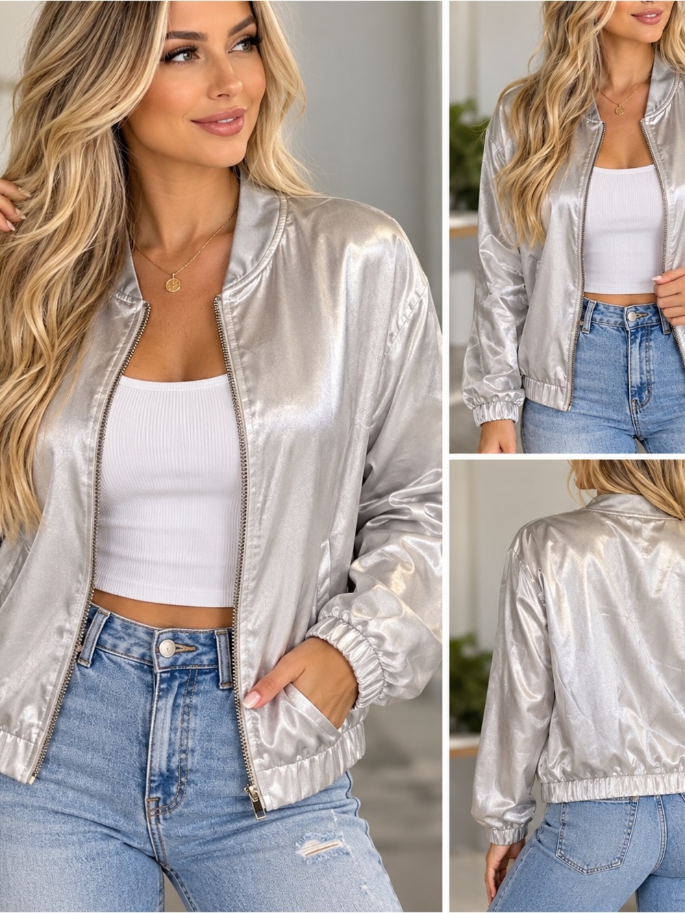 Forever 21 silver metallic zip up bomber jacket shiny y2k streetwear